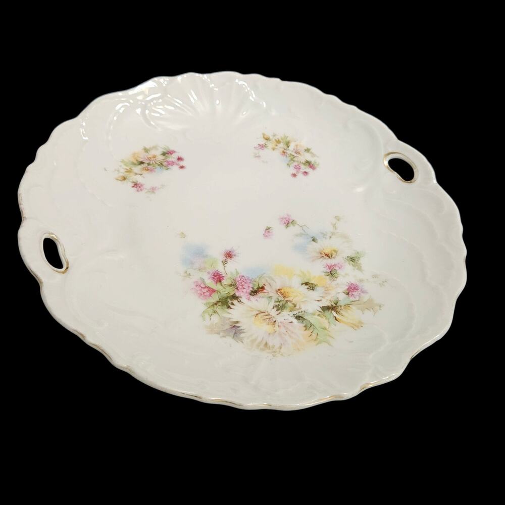Vintage Floral Porcelain Cake Plate Handles Gold Trim Scalloped Edge